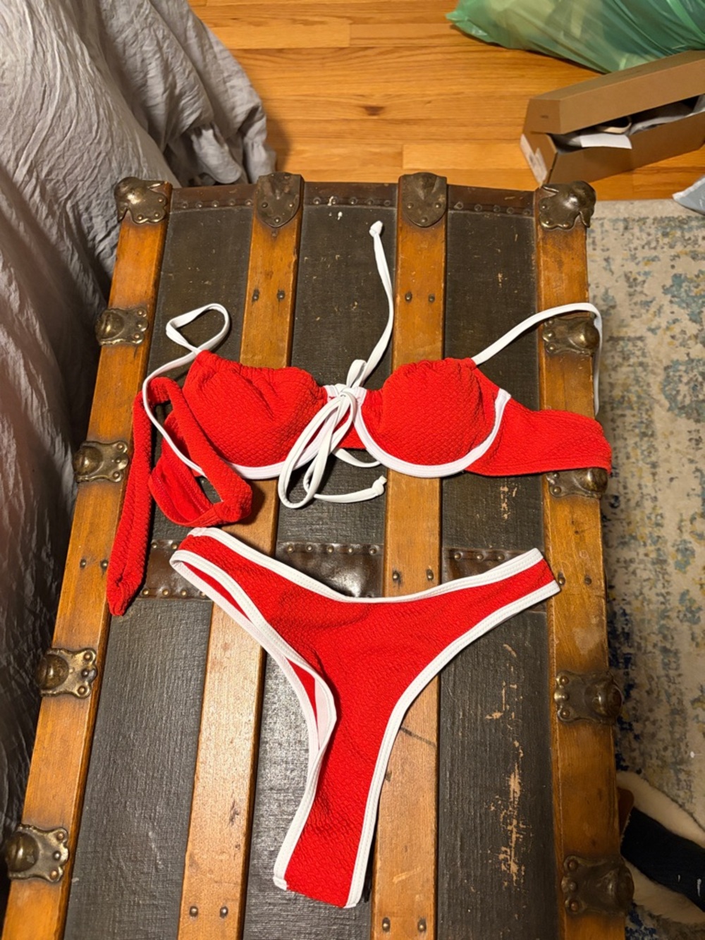 SHEIN Red Textured Two-Piece Bikini with White Trim